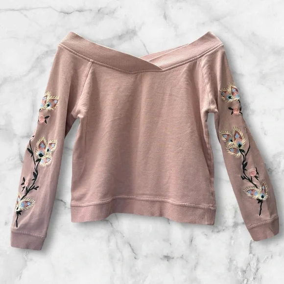 Rebecca Minkoff Off Shoulder Embroidered Sweatshirt Pink Boho Size S - Picture 2 of 12